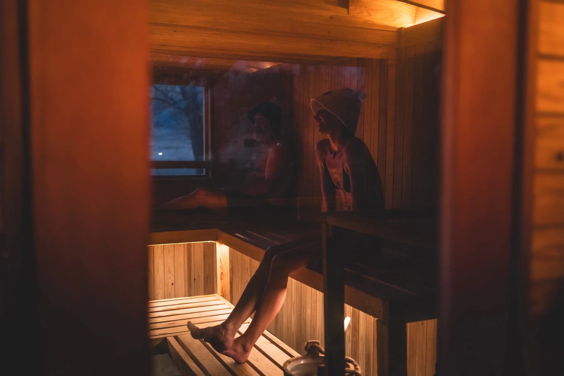 A private group enjoying the wood-fired sauna at Puffin