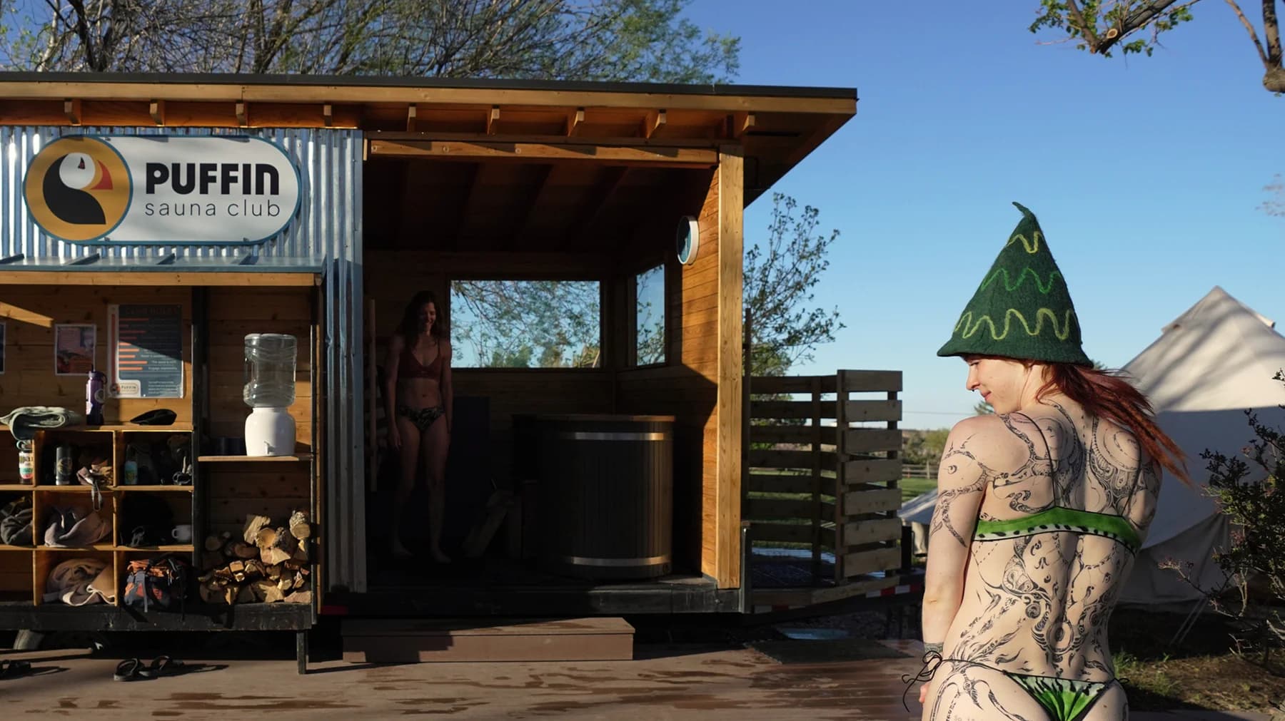 The outdoor sauna setting at dusk